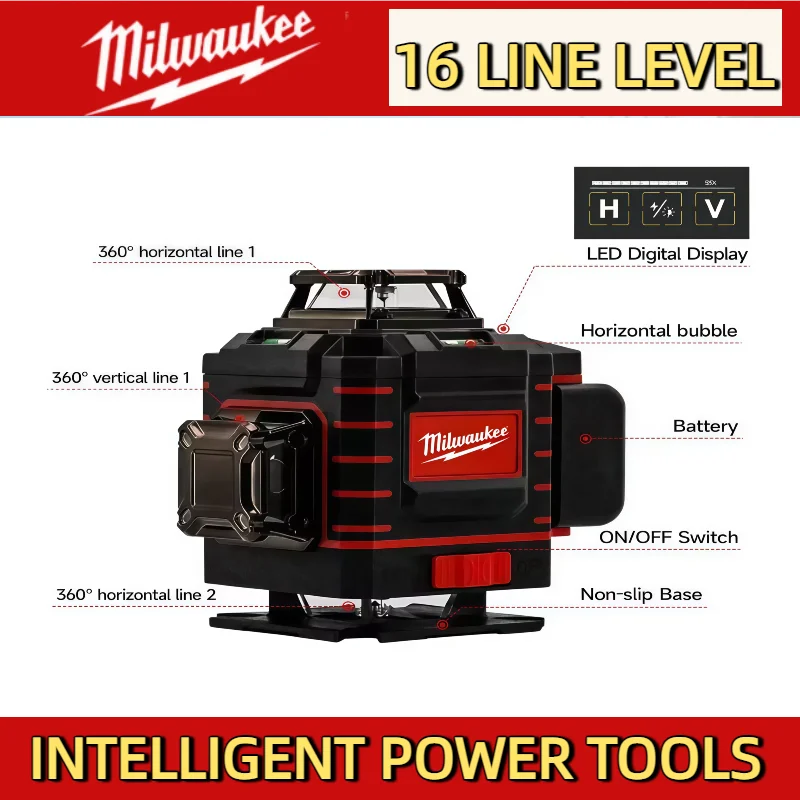 Milwaukee 16 Linien, 4 Seiten x 360 Grad, vertikal, 4,2 V, 3–4D-Laser, grüner Strahl, selbstnivellierendes vertikales Kreuzlinienlaser