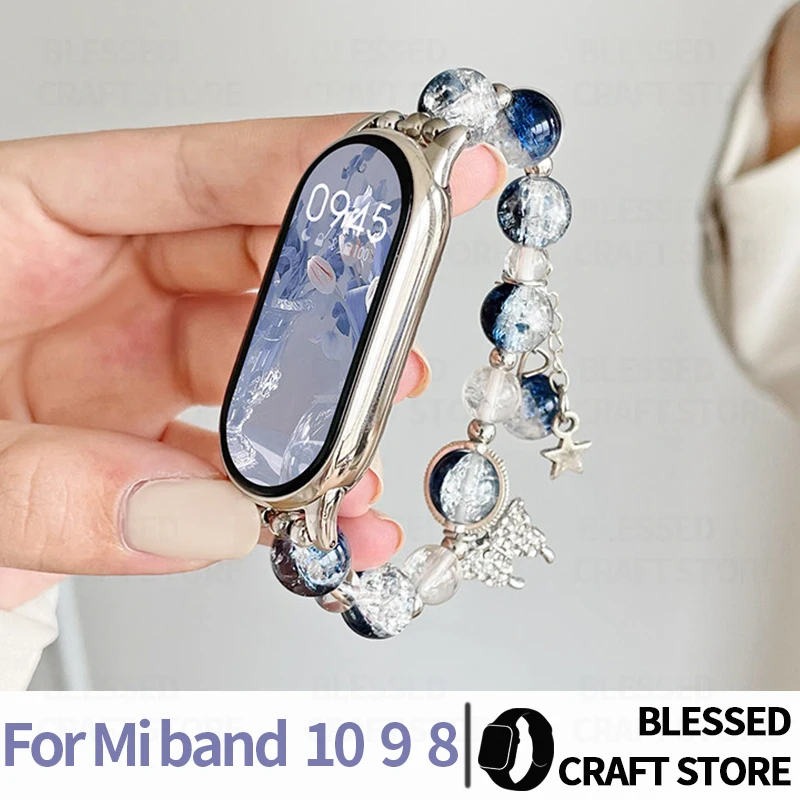 Women Crystal Beaded Bracelet for Xiaomi Mi Band 8 9 10 Bling Butterfly Charm Wrist Strap for Samsung Galaxy Watch 7 6 Classic 4