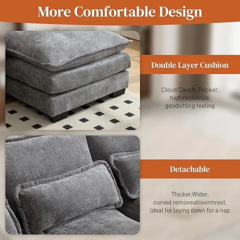 110" U Shape Sectional Cloud Couch,Modern Chenille Comfy Modular Sofa, 4 Seat Sleeper,Double Chaise,Light Gray Living Room Sofas image 6
