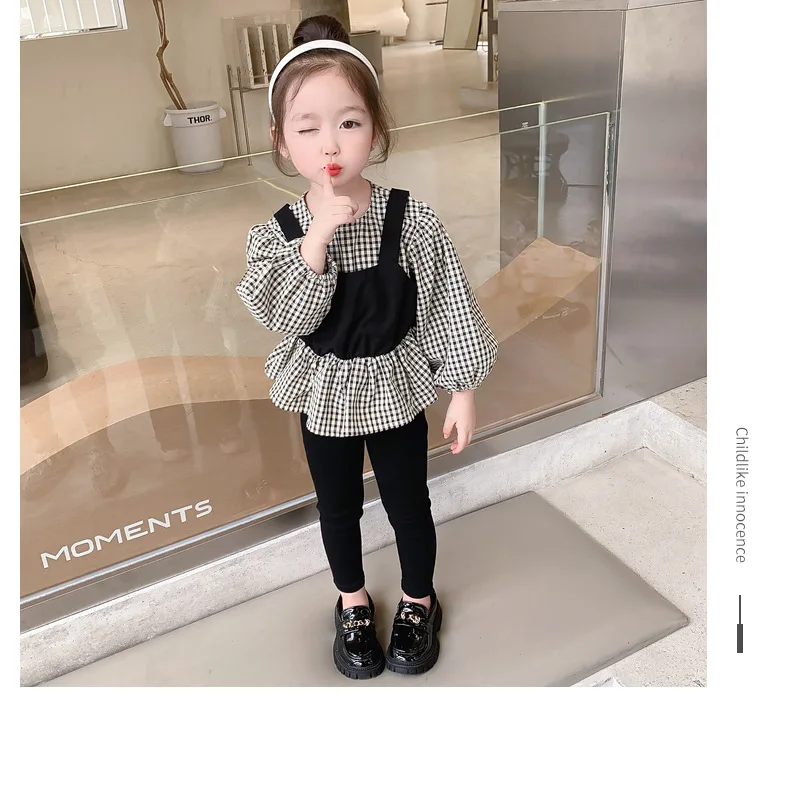 Girls\' spring  autumn clothes 2023 new children\'s long-sleeved plaid fake two-piece  shirts + leggings two-piece suit