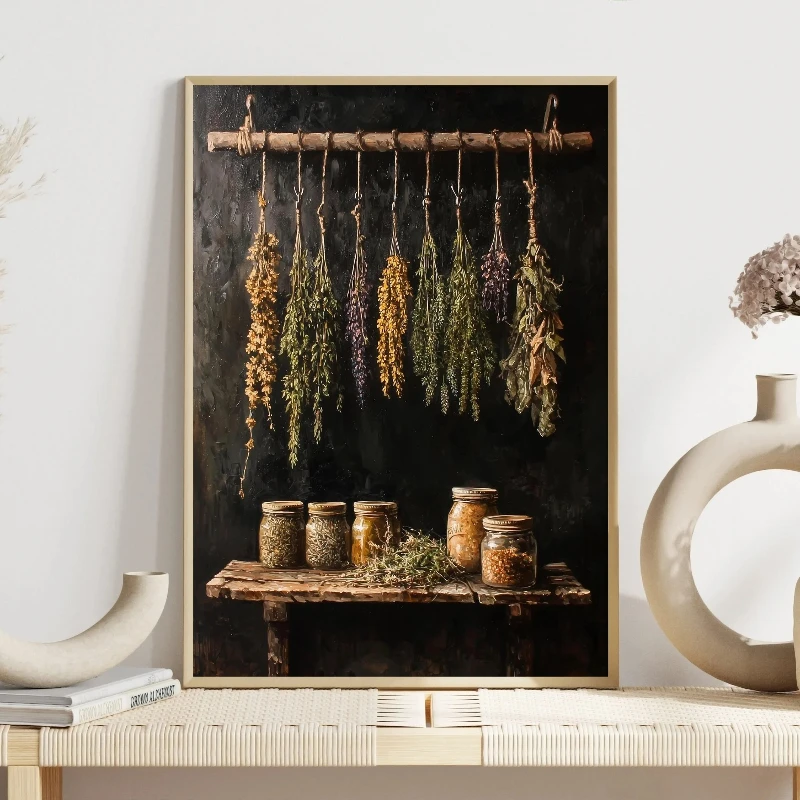 Dried Herbs - Vintage Herbst Bauernhaus Leinwand-Poster Getrocknete Kräuter
