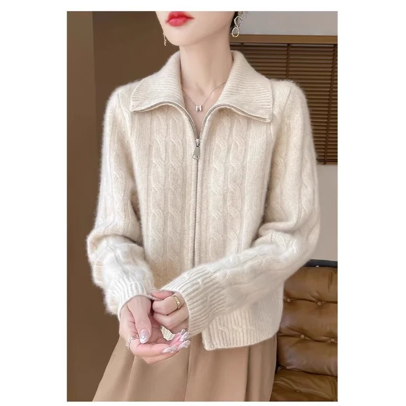 Autumn Winter Double Zipper Lapel Twisted Flower Short Cardigan for Women Thickened Twist Sweater Knitted Jacket Top
