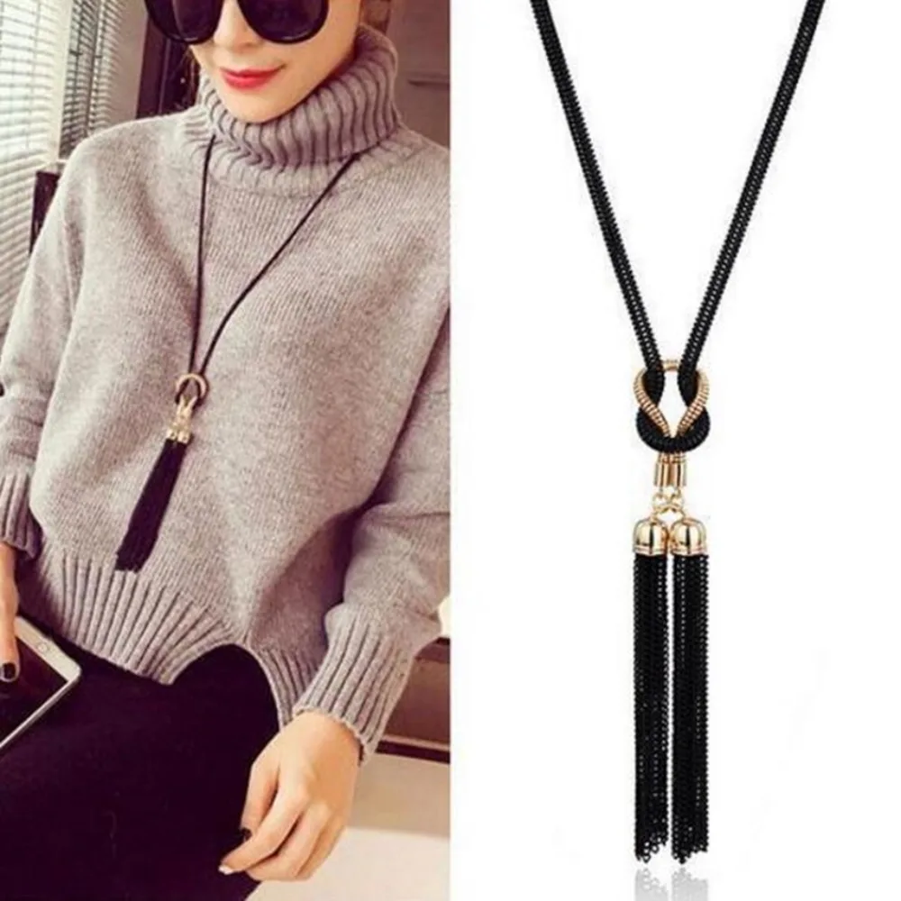 Lusion Black Chain Bow Tassel Boho Choker Necklace Woman Color Collar Metal Long Chunky Necklaces Fashion Accessories