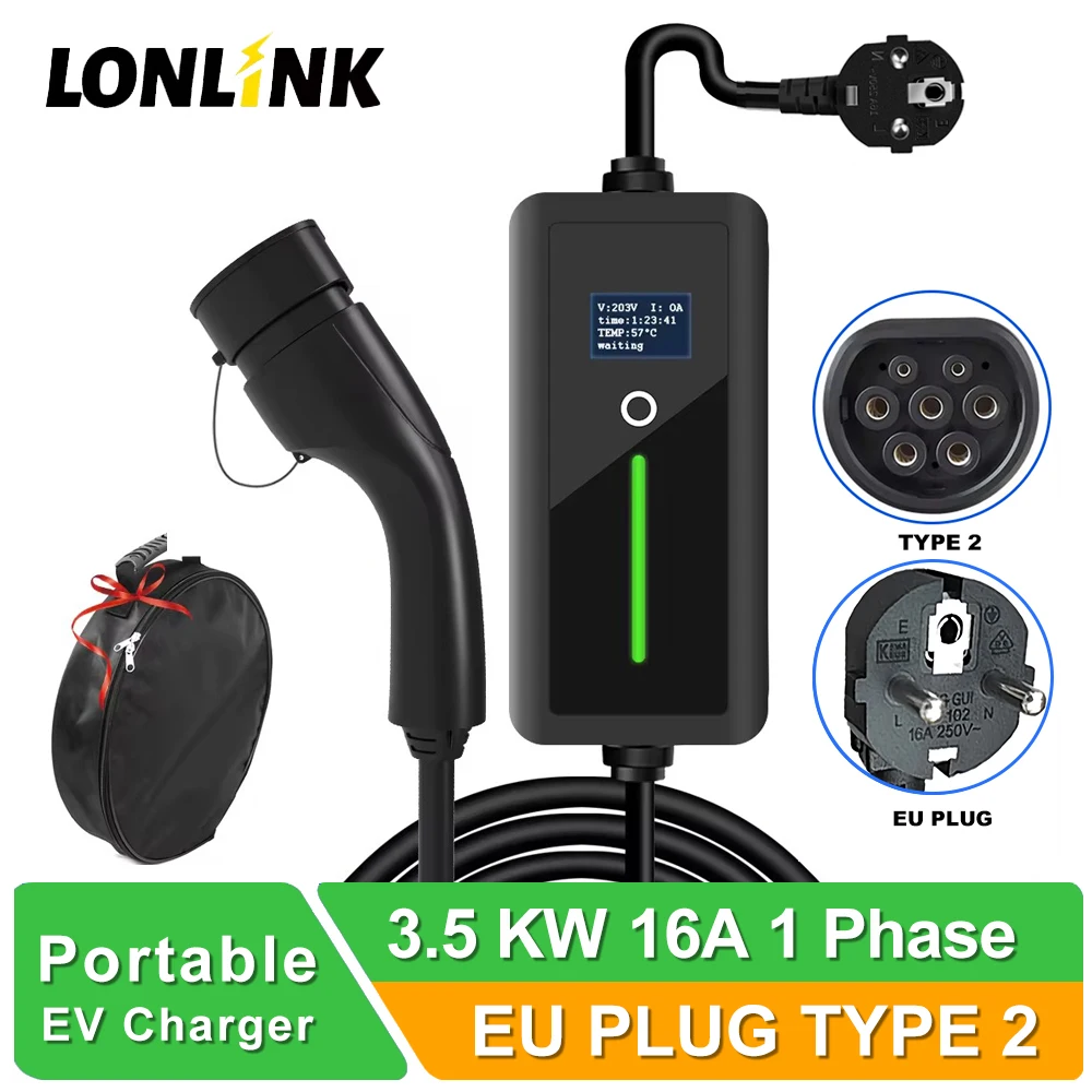 LONLINK Portable Ev charger Type 2 charger 3.5 Meter 1Phase 16A 3.5 KW EU Plug Charger 80V-260V Type 2 For Electric Vehicle