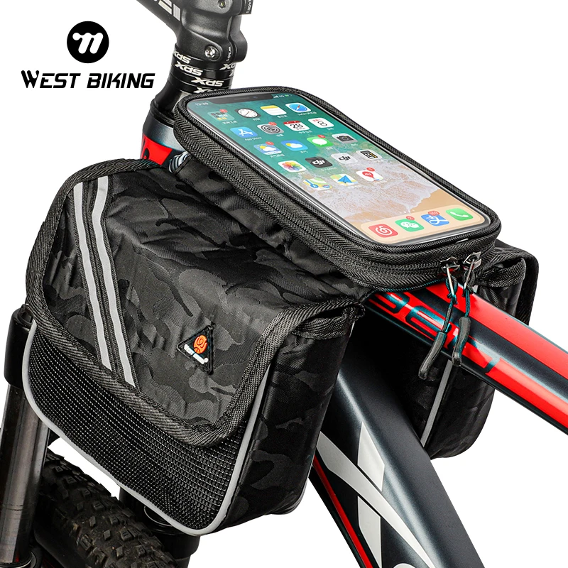 WEST BIKING Reflective Bicycle Bag 6.5 inch Phone Bag Rainproof Front Frame Bag Sensitive Touch Screen MTB Road Bike Accessories