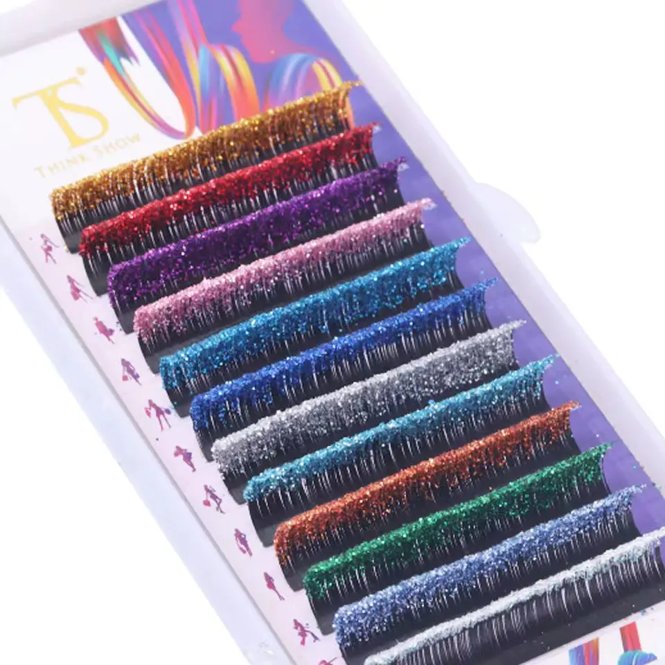 THINKSHOW Mix Glitter Colors Individual Eyelash Extension 0.10mm All Size Shiny Beauty Color Eyelashes for Party Makeup Tool