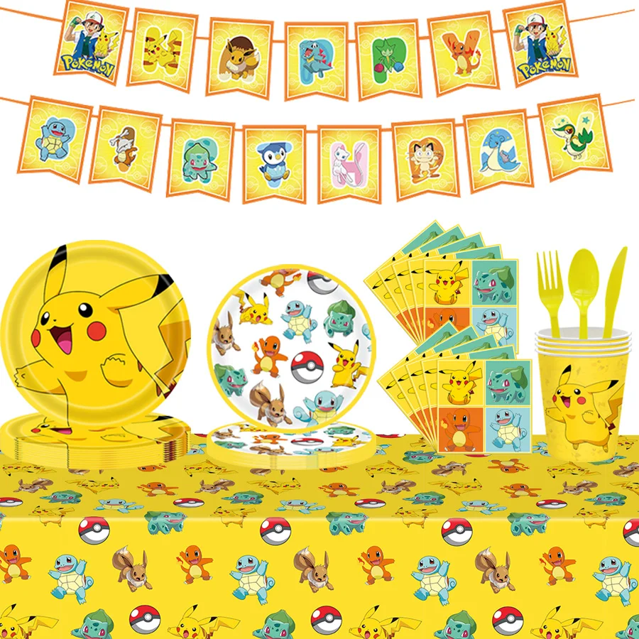 

Pokemon Pikachu Theme Birthday Party Decorations Disposable Tableware Cup Plate Napkins Tablecloth Banner Kids Party Favor Gifts