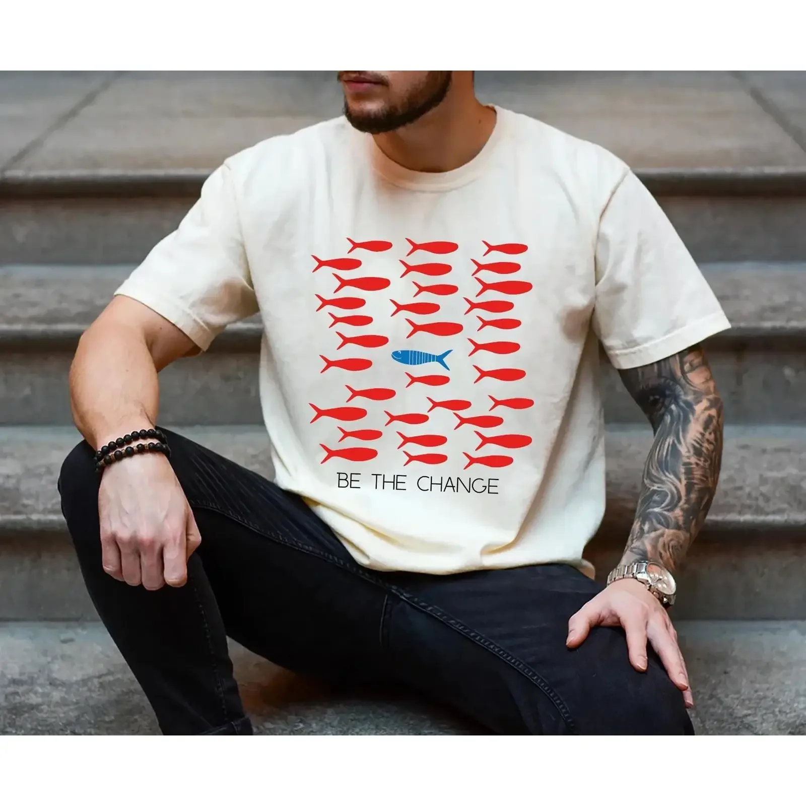 Be The Change T Shirt Motivational Inspirational Fish Design Positive Mindset  vintage Washed Soft homme Slightly Stylish