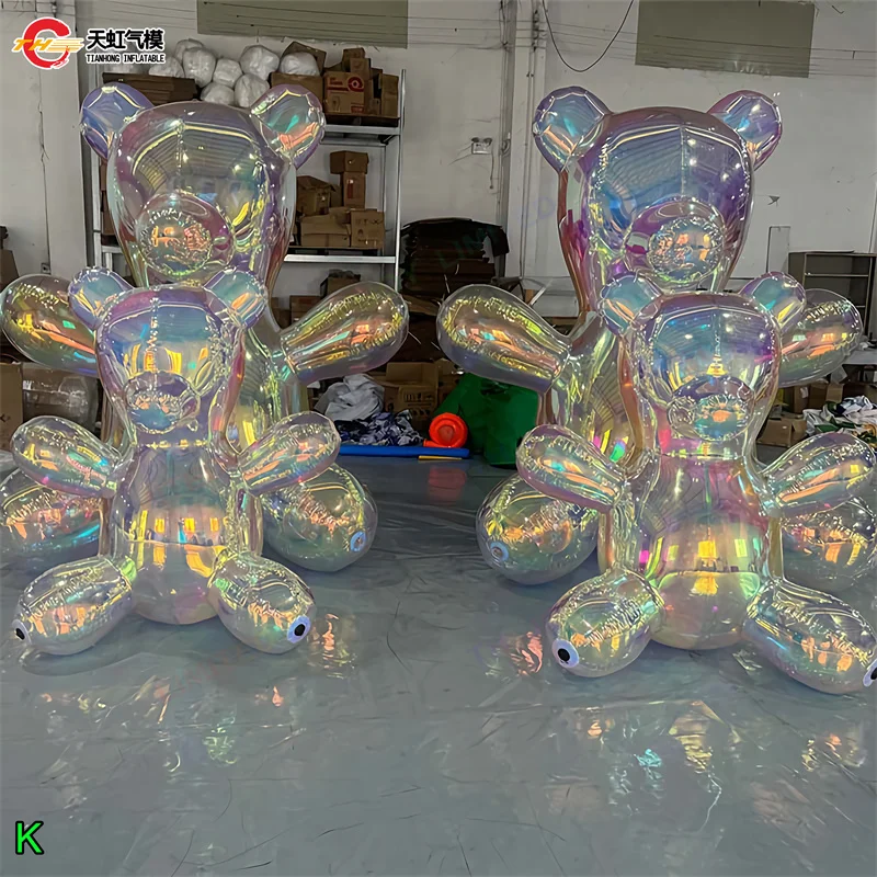Prata brilhante pvc espelho reflexivo esfera bola inflável urso balão modelo dos desenhos animados para decoração de palco