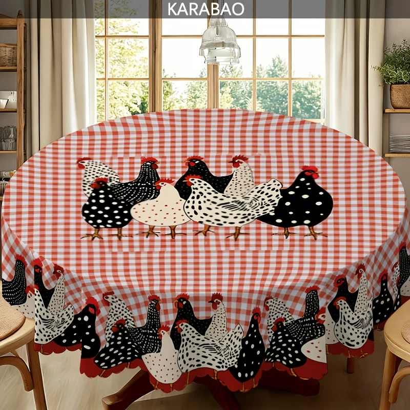 1 PC Red Checkered Round Tablecloth with Chicken Group Pattern - Country Style Tablecloth with Wave Edging Designxzj