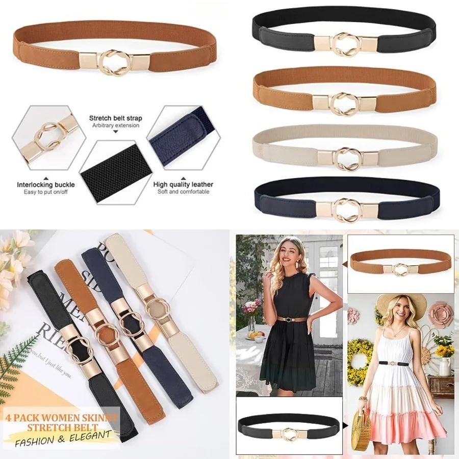 

Women Skinny Belt for Dresses Retro Stretch Waist Belt with Gold Buckle Set of 4，Fits Waist 29"-40"，C-black+brown+blue+beige