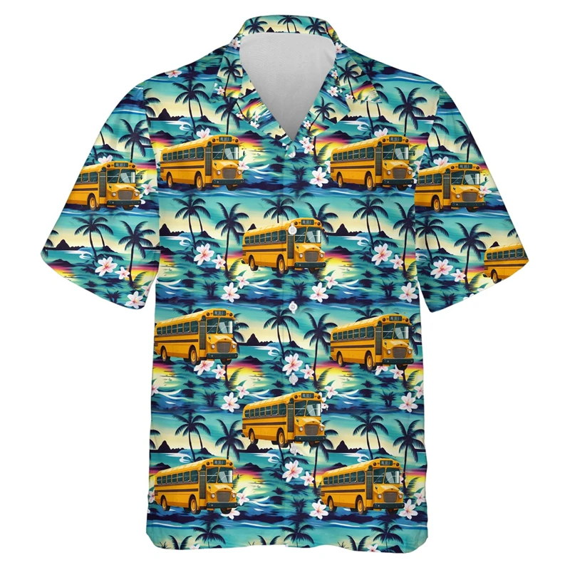 Fashion Transportation Graphic Shirts For Men Summer Casual Airplane Train Fire Truck 3D Printed Hawaiian Shirts Loose Kids Tops