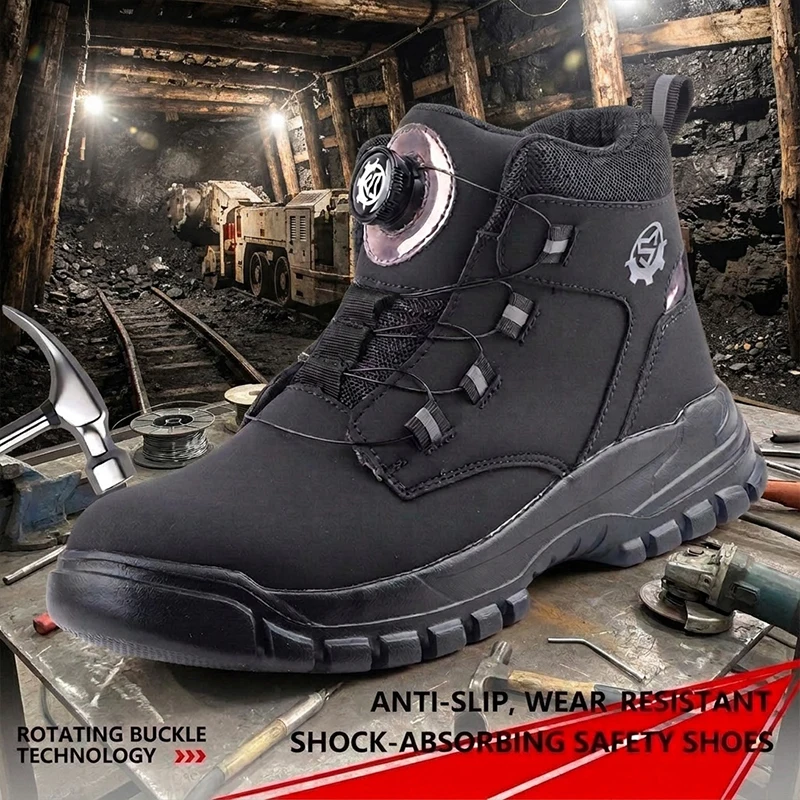 Unisex High Top EVA Sole Microfiber Leather Rotary Buckle Steel Toe Anti-Puncture Impact Resistant Work Shoes Safety shoes