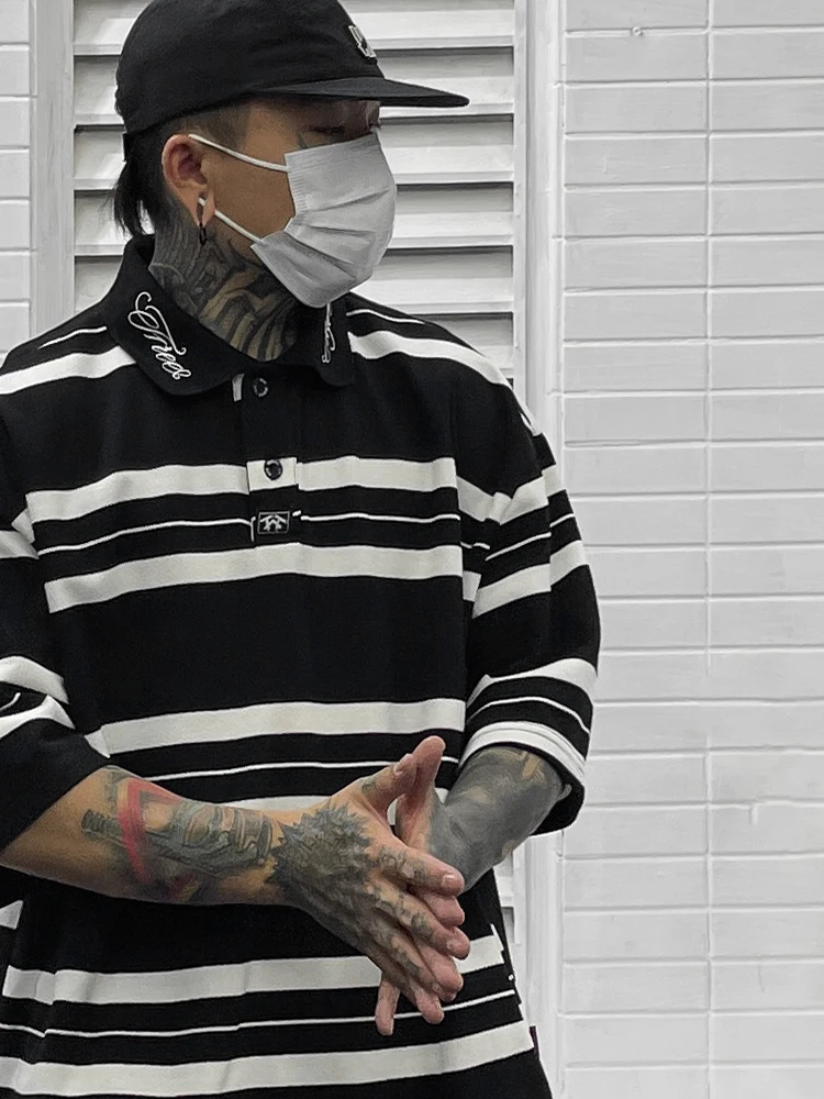 Trendy Artistic American Retro Striped irt Loose Large Size Summer Heavy Embroidery f Sve ort Sve ex