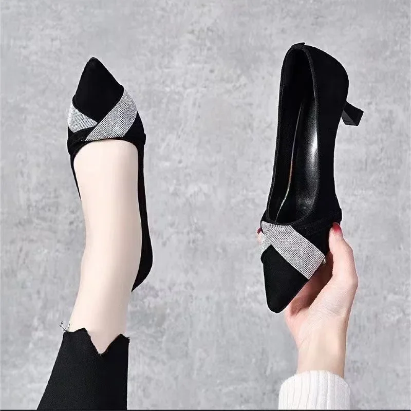 20233 Sexy Patchwork Pointed Toe Shoes Women\'s Fashion All-match Thick Heel Patent Leather Low Heels Slip on Pumps Women Shoes