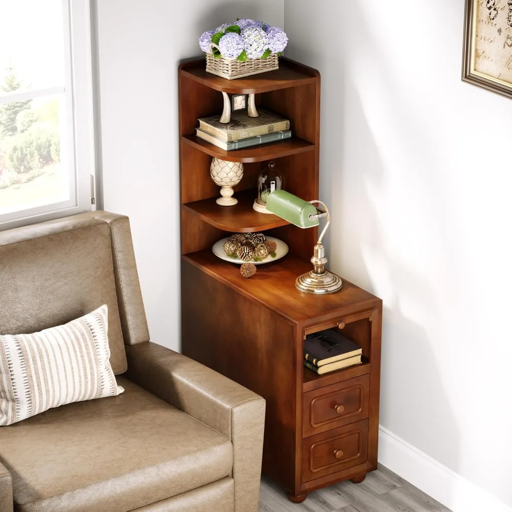 

Solid Wood End Table with Drawers and Reversible Corner Shelves, Tall Narrow Side Table with Storage High Slim Chair Solid Side