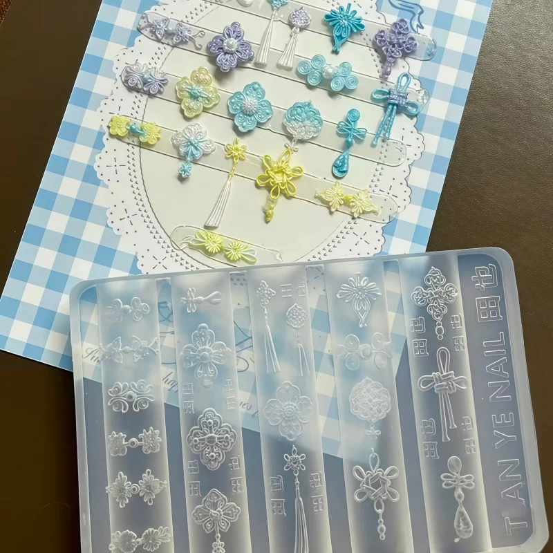 Chinese Style Butterfly Retro Pattern Buttoned Silk Knot Precision Artistic 3D Relief Transparent Silicone Nail Art Mold