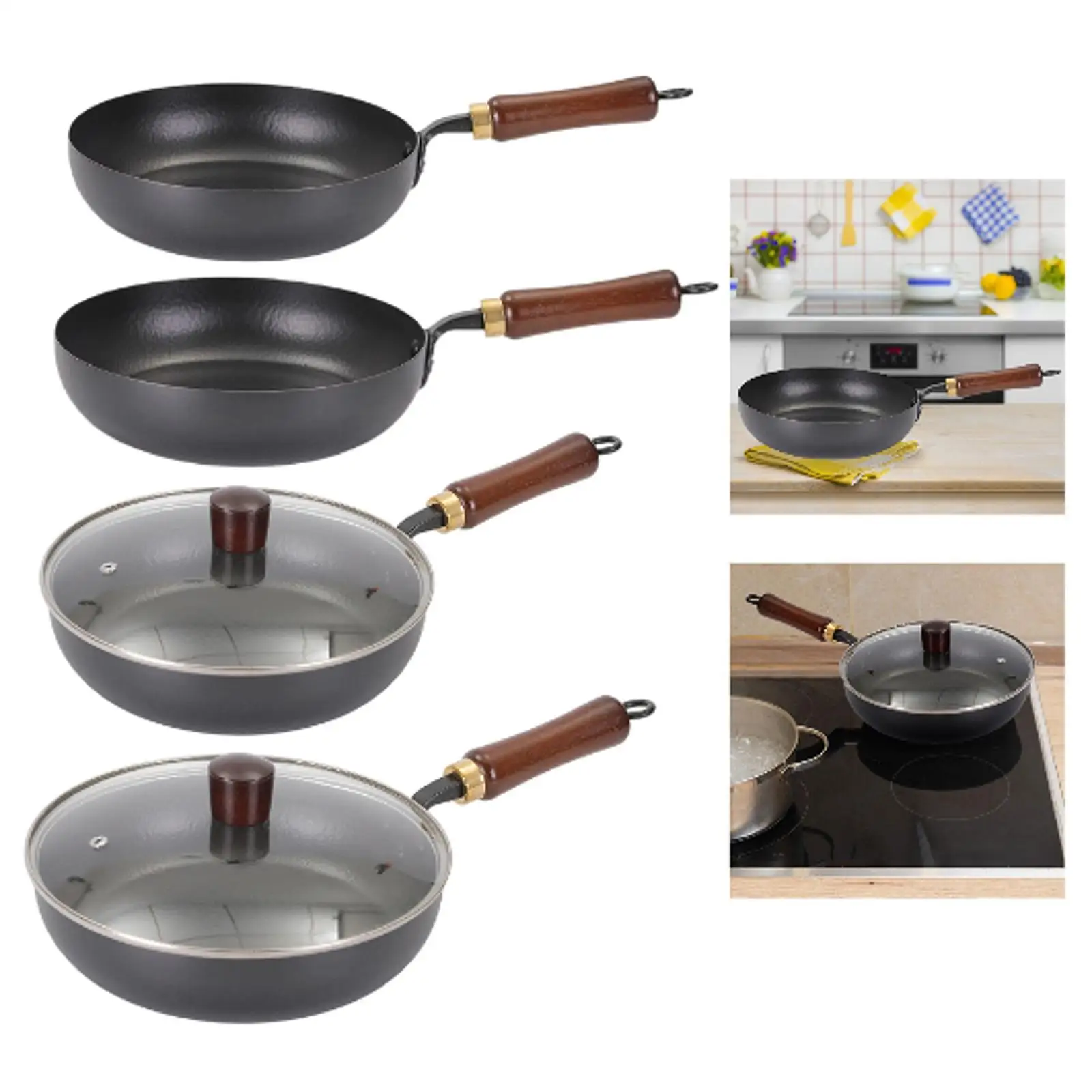 

Iron Wok Pan with Wooden Handle Non Coated Frying Pot Suitable for All Stoves