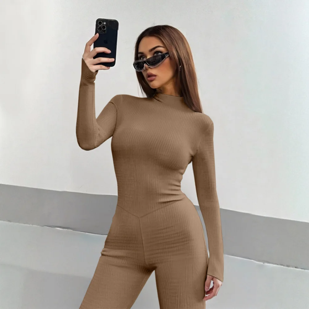 

Женские комбинезоны, осенне-зимние эластичные модные однотонные тонкие комбинезоны с длинными рукавами и высоким воротом, полная длина