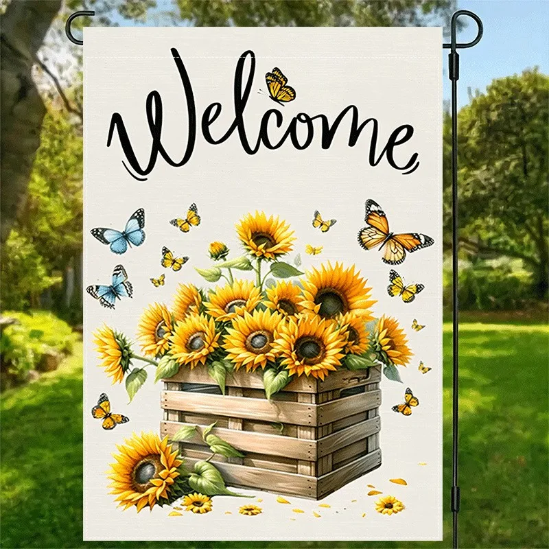 

1pc Charming Sunflower Welcome Garden Flag Rustic Style Vertical Burlap Banner for Spring Cottage Home Decor