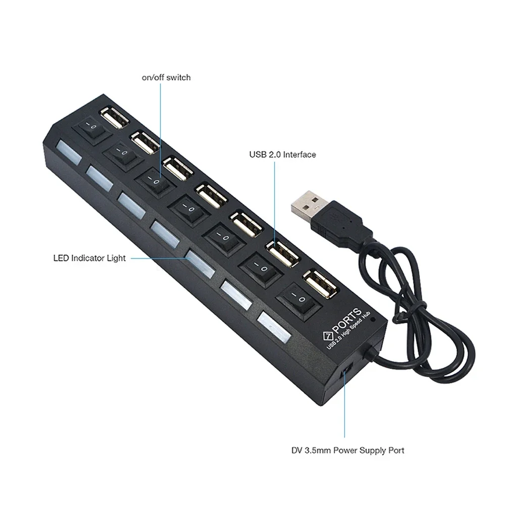 KEBIDUMEI 7 Port USB 2.0 HUB Multi Splitter Expander With Independent Switch USB Dock Station Computer Accessories For PC Laptop