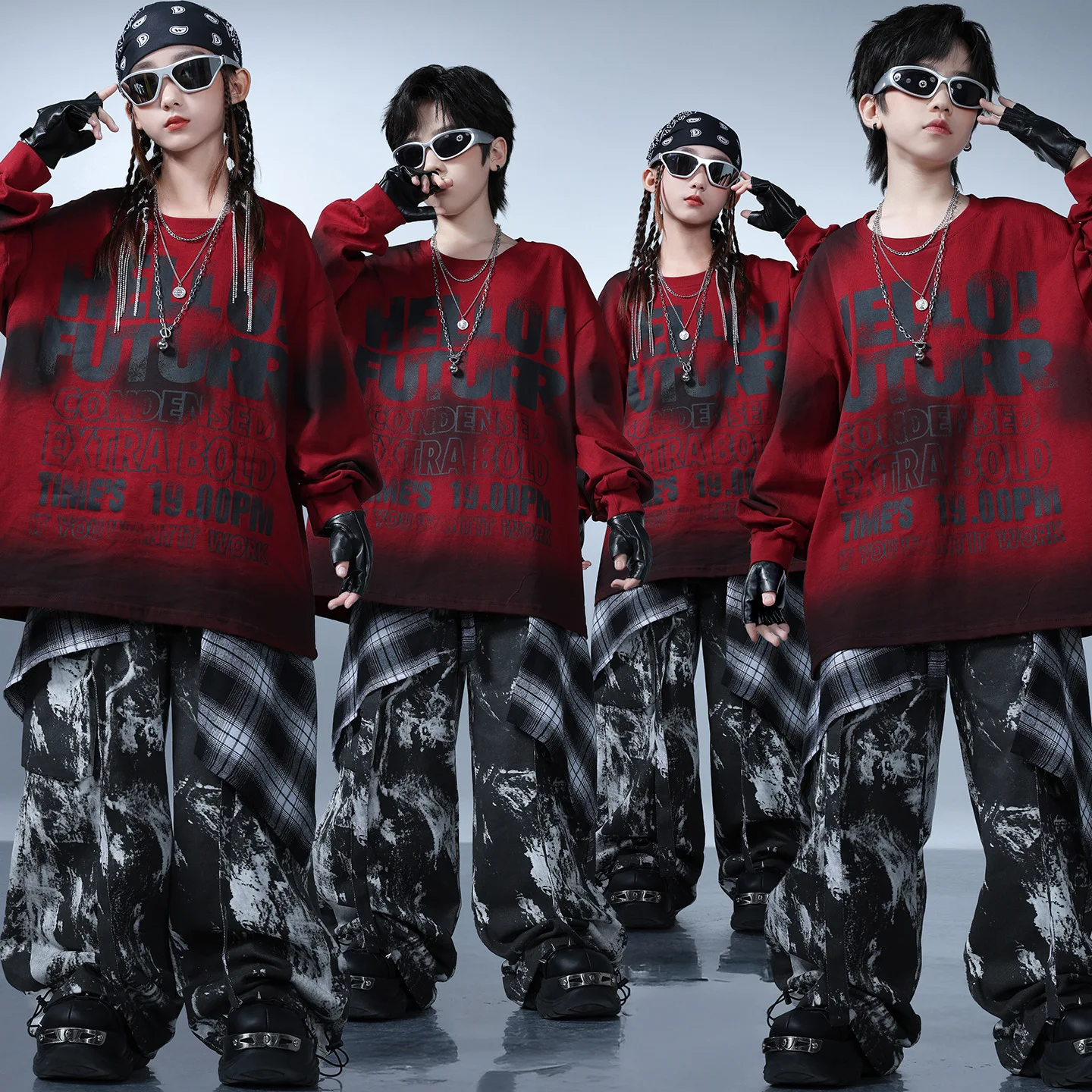 

Kid Kpop Hip Hop Clothing Red Letters Sweatshirt Casual Strap Print Cargo Pants for Girl Boy Street Dance Wear Costumes Clothes