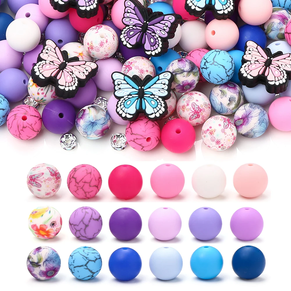 58Pcs Butterfly Beads Silicone Printed Beads Rhinestone Combo Set for Diy Jewelry Making Bracelet Necklace Keychain Lanyard