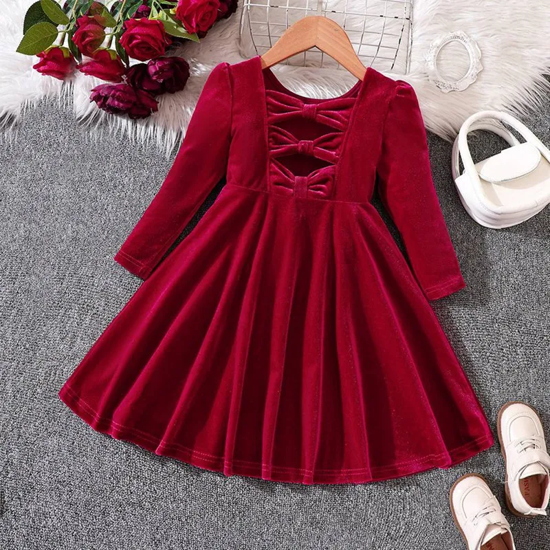 

Christmas Girls Velvet Princess Dress, Solid Color & Back-Bow, Long-Sleeve Round-Neck Knee-Length Dresses, Holiday Party Dress