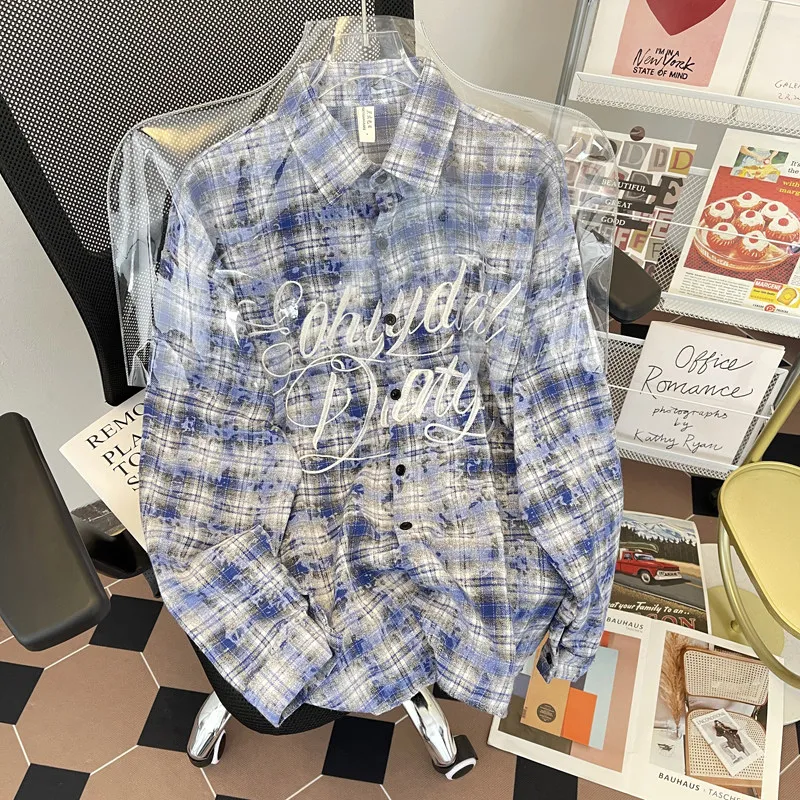 

Рубашки с вышивкой и длинным рукавом в винтажном стиле, синие в клетку, унисекс, уличная одежда, свободные повседневные блузки с отложным воротником