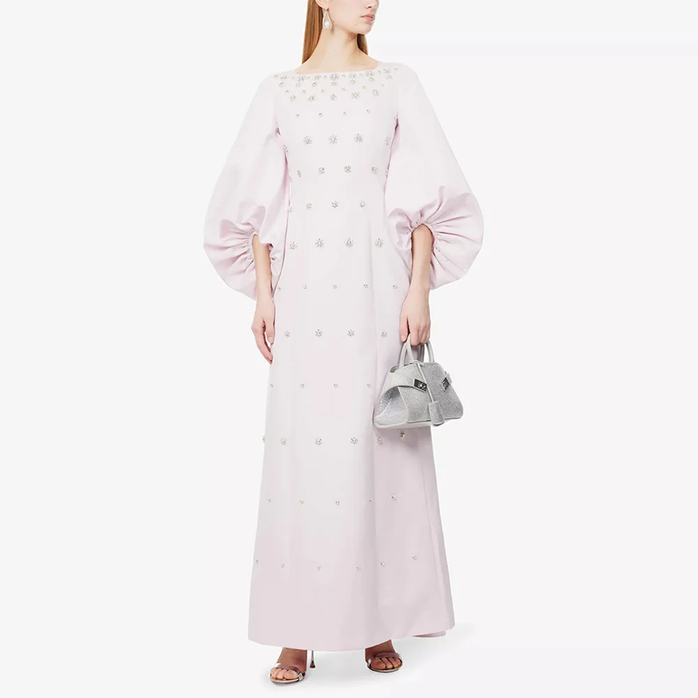 فستان سهرة وردي فاتح مخصص بأكمام منتفخة ورقبة مربعة وأحجار الراين مطرز على شكل حرف A فستان حفلة موسيقية عربي مع كيب #6