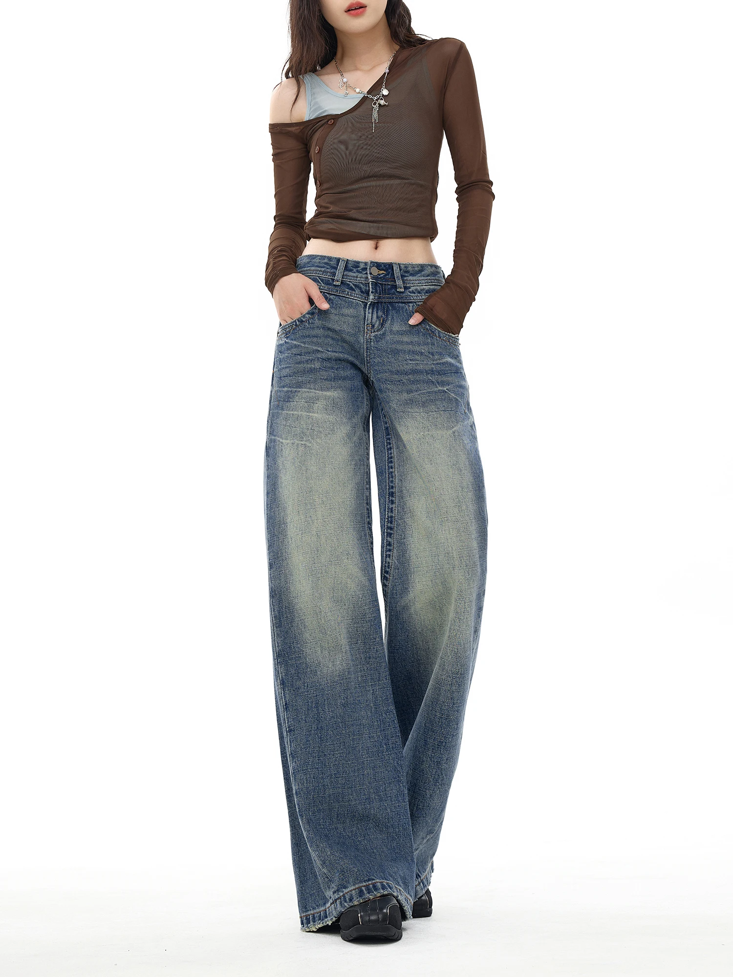 

Ретро-синие прямые джинсы свободного кроя для женщин, повседневные широкие брюки с эффектом потертости, весенняя новинка, удобные джинсы из денима