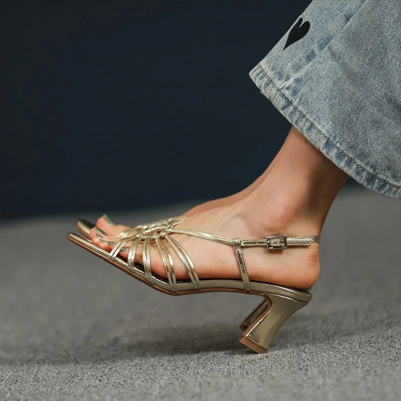 Female Retro Sandals Buckle Strap Vintage Summer Gold Shoes For Women French Style Womens Sandals Microfiber Ladies Shoes