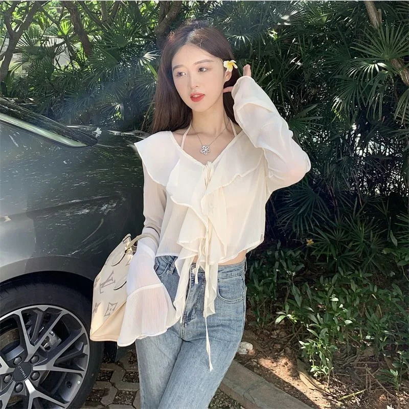 Blouses Women Elegant Lady Soft Ruffles Fairycore Chic Halter Aesthetic Lace-up French Style Gentle Popular Flare Sleeve Vintage