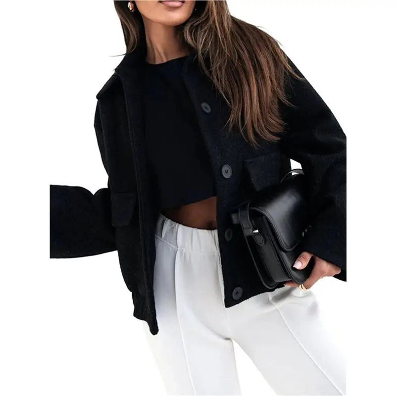 

CYL-Female Winter Cropped Wool Coat Single Breasted Casual Loose Short Wool Blend Pea Coat Black M