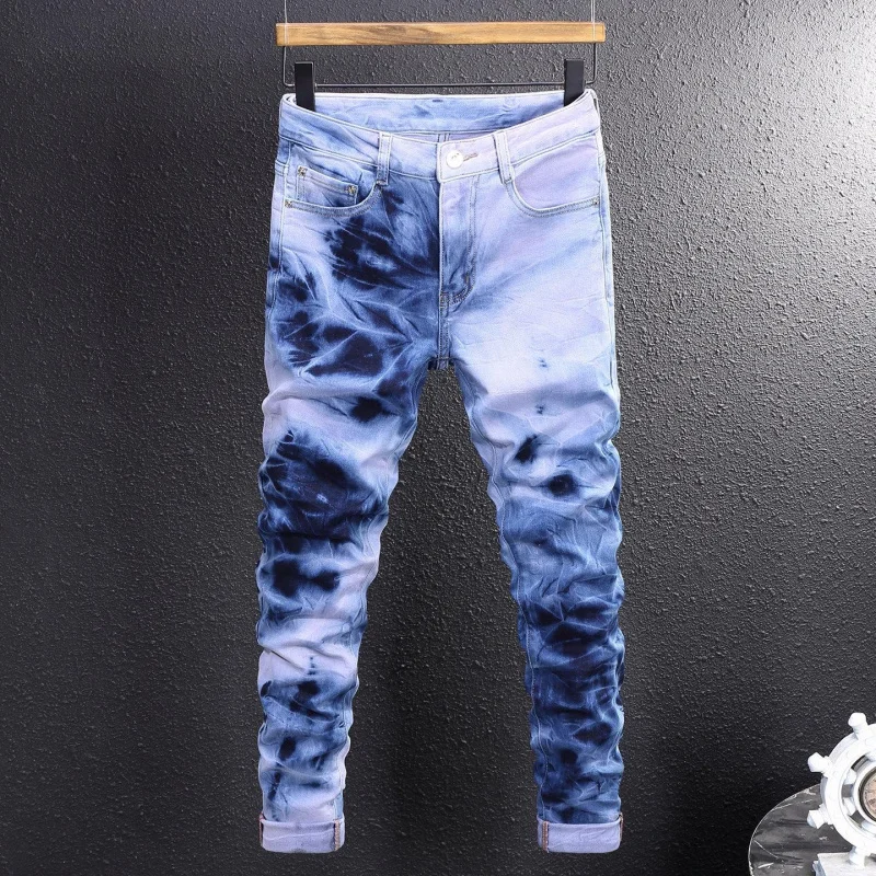 Men's 2026 American Denim Pants High Street Style New Spring Season Tie-Dye Gradient Slim Tapered Versatile Daily Casual Pants