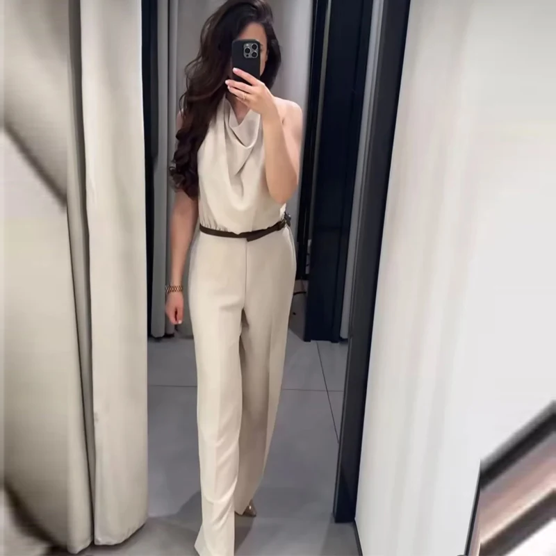 TRAF Halter Long  Jumpsuits Belt Off Shoulder Wide Jumpsuit Women Summer Backless Baggy Jumpsuit Woman Ruched Elegant Jumpsuits