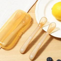 Colher de silicone para recém-nascidos, 2 peças, conjunto de colher de comida para bebê, aprendendo a comer, colher de treinamento, talheres de alimentação infantil com caixa