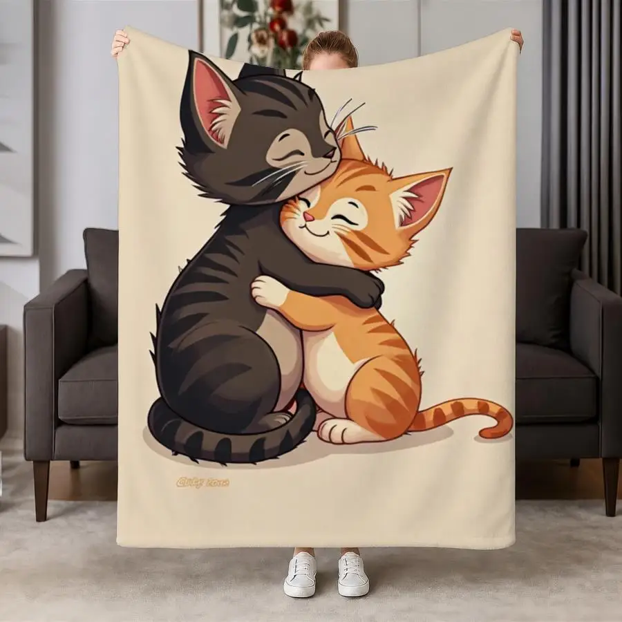 Cartoon Hugging Two Kittens Beige Background Flannel Throw Blanket, Lovely Embrace Cat Print Blanket for Cat Lover Home Decor