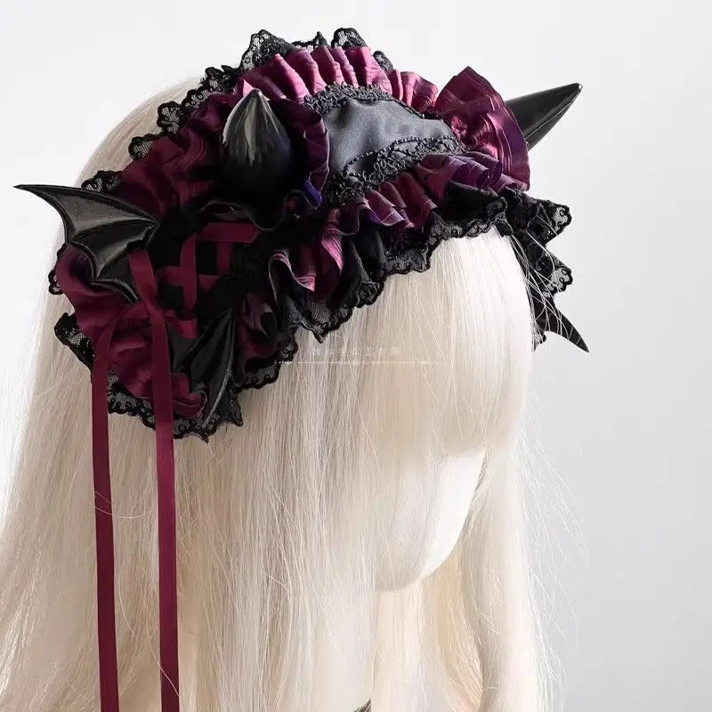 Dark Gothic Lolita Devil Horns Devil Wings Headband Halloween Multilayer Lace Girl Hair Decoration