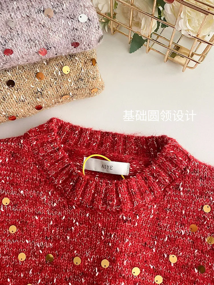 American Christmas Sequins Sweater Women Oversized Knitted Jumper Loose Korean Fashion Sweet Pullover High Quality Preppy Style