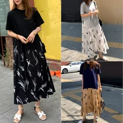 Plus Size XL- 5XL Female Vestidos 2025 Summer Casual Women Patchwork Dress Print Beach Style Ladies Dress Fake Two Piece Robe