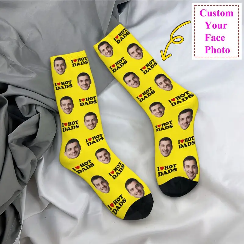 I Love Hot Dads Custom Dress Socks Men's Women's Warm Fashion Novelty Personalized Face Photo Design Crew Socks
