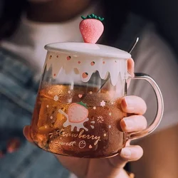 Japanese Milk Strawberry Glass Cup With Lid Spoon Original Mugs Coffee Cups Coffe Mug Kawaii Drink Ware Personalized Gift Tea