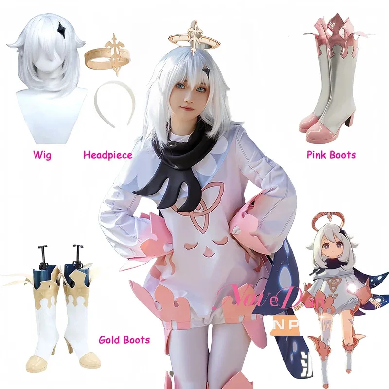 Genshin paimon cosplay lolita vestido botas peruca bonito anime macacão impacto bodysuit uniforme festa de halloween traje para mulher cm;5