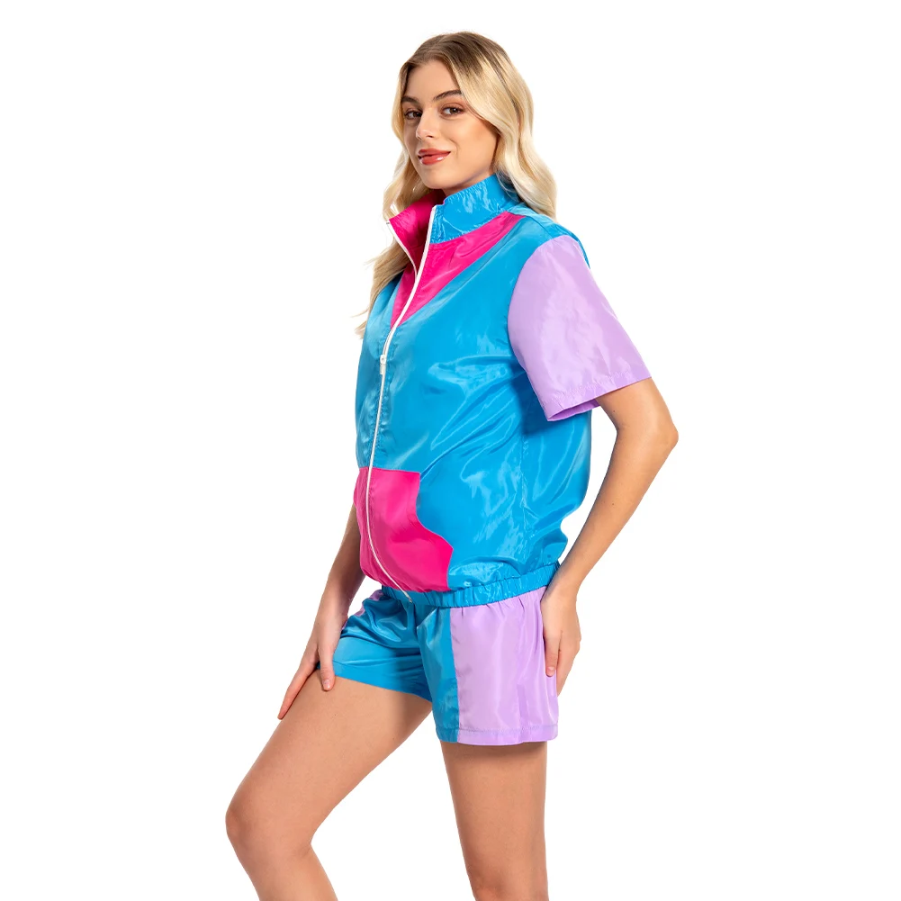 Conjunto de chaqueta y pantalones cortos Retro para mujer, traje de Cosplay Multicolor de los años 80, ropa deportiva de verano, traje de fiesta de Carnaval de Halloween