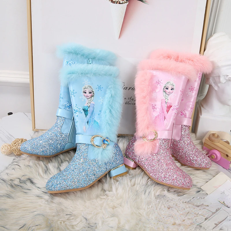 Disney Frozen Girls\' Snow Knee-Length Boots Winter Warm Girl Boots Princess Elsa Pink Blue Shoes Plush Fur Boots Size 26-36