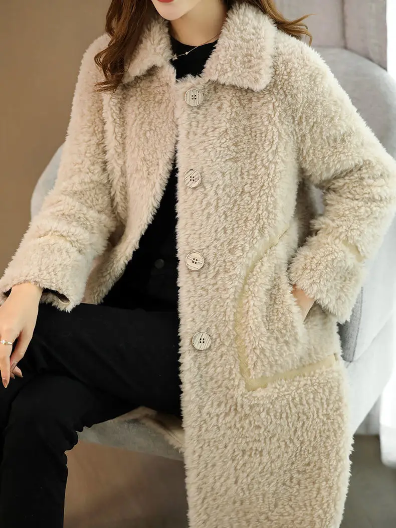 

2023 Women Winter Fashion Genuine Wool Fur Coats Female Real Lamb Fur Warm Jackets Ladies Pockets Long Sleeve Overcoats A424