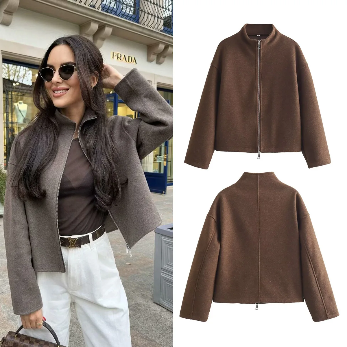 

2025 Spring And Autumn Sports Stand Collar Loose Long Sleeve Women's Woolen Jacket Coat B88688