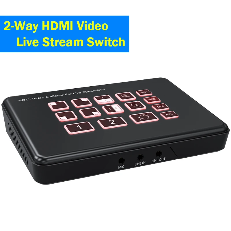 

2-Way HDMI Live Stream Switcher 1080P 60Hz Broadcast HDMI Camera Video Mixer Switcher Station with Type C Record,Mic Line in,PIP