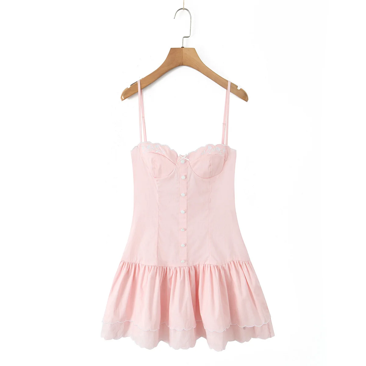 2025 rosa bordado floral sutiã espartilho estilo estilingue vestido feminino zíper de volta 2 camadas onda hem festa skater mini vestidos robe